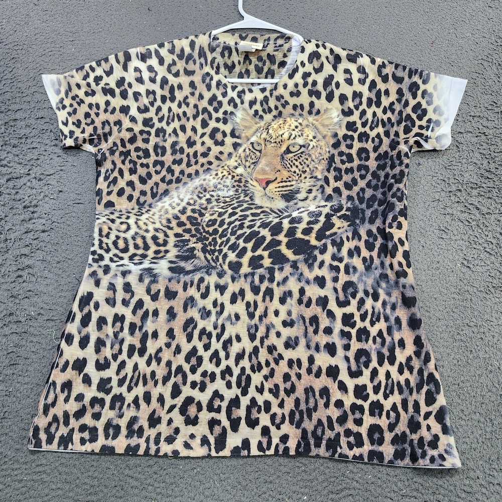 Vintage Sunshirt Shirt Womens XXL Brown Leopard All Over Print Graphic Top